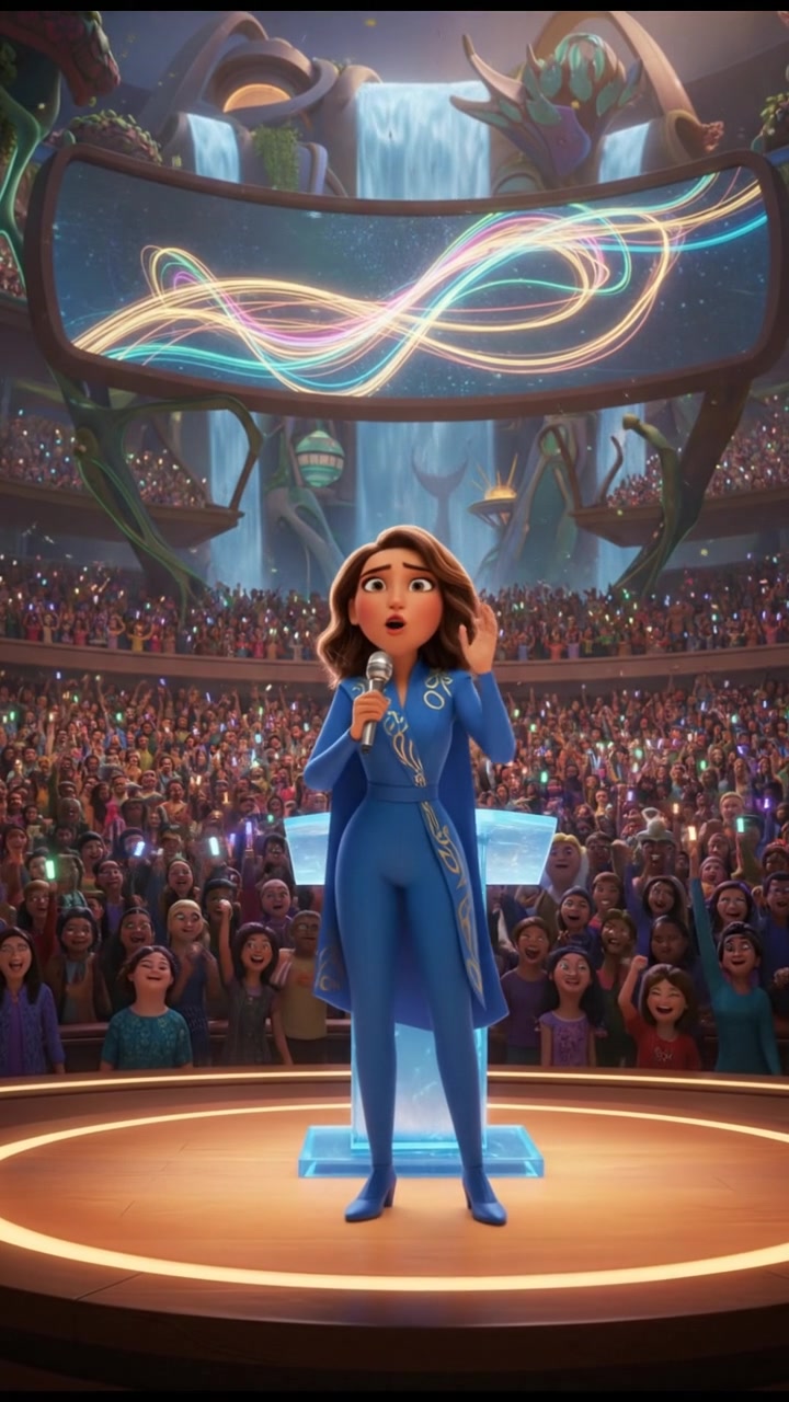 Laila standing in front of a large audience, speaking passionately into a microphone.