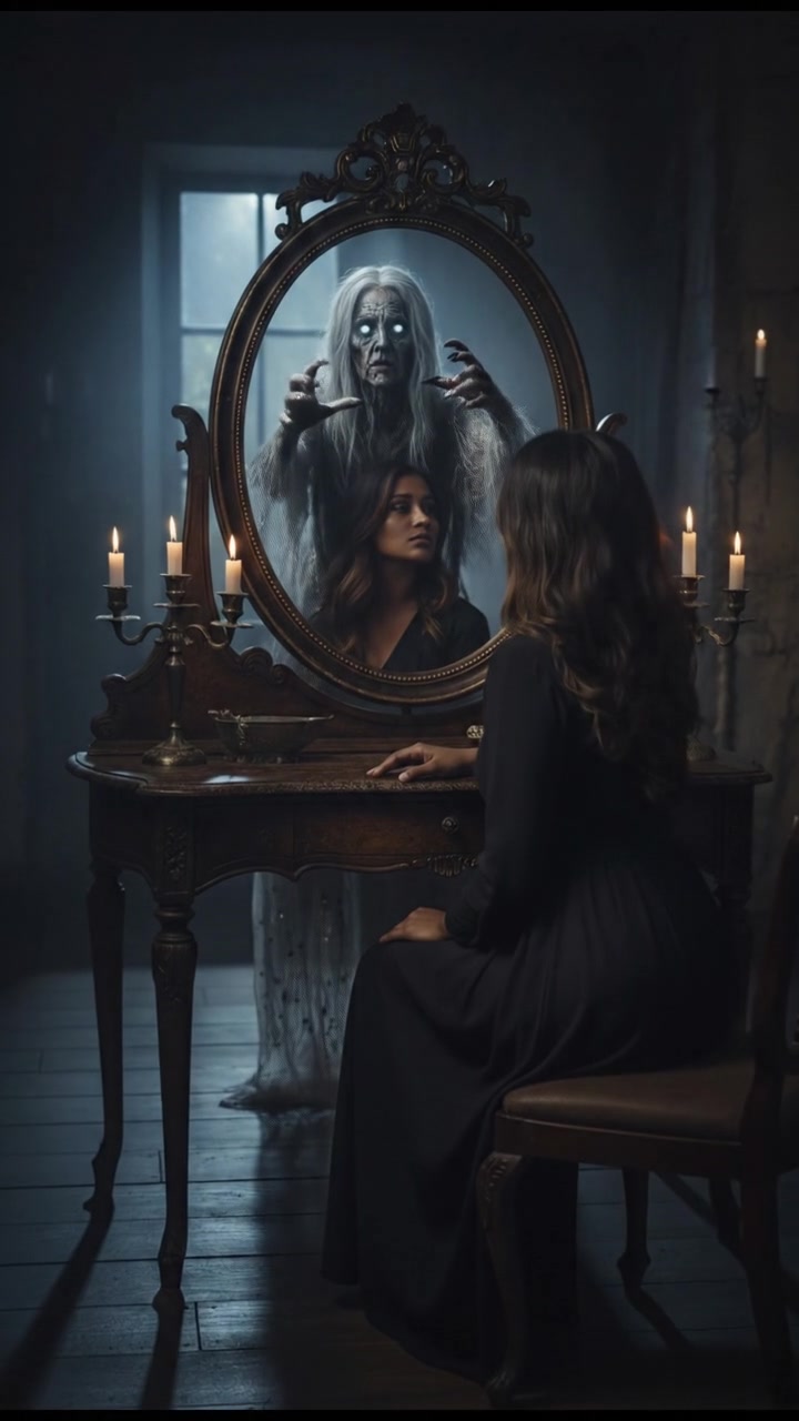 A mirror reflecting a ghostly figure of a decayed woman behind Priya, who is oblivious.