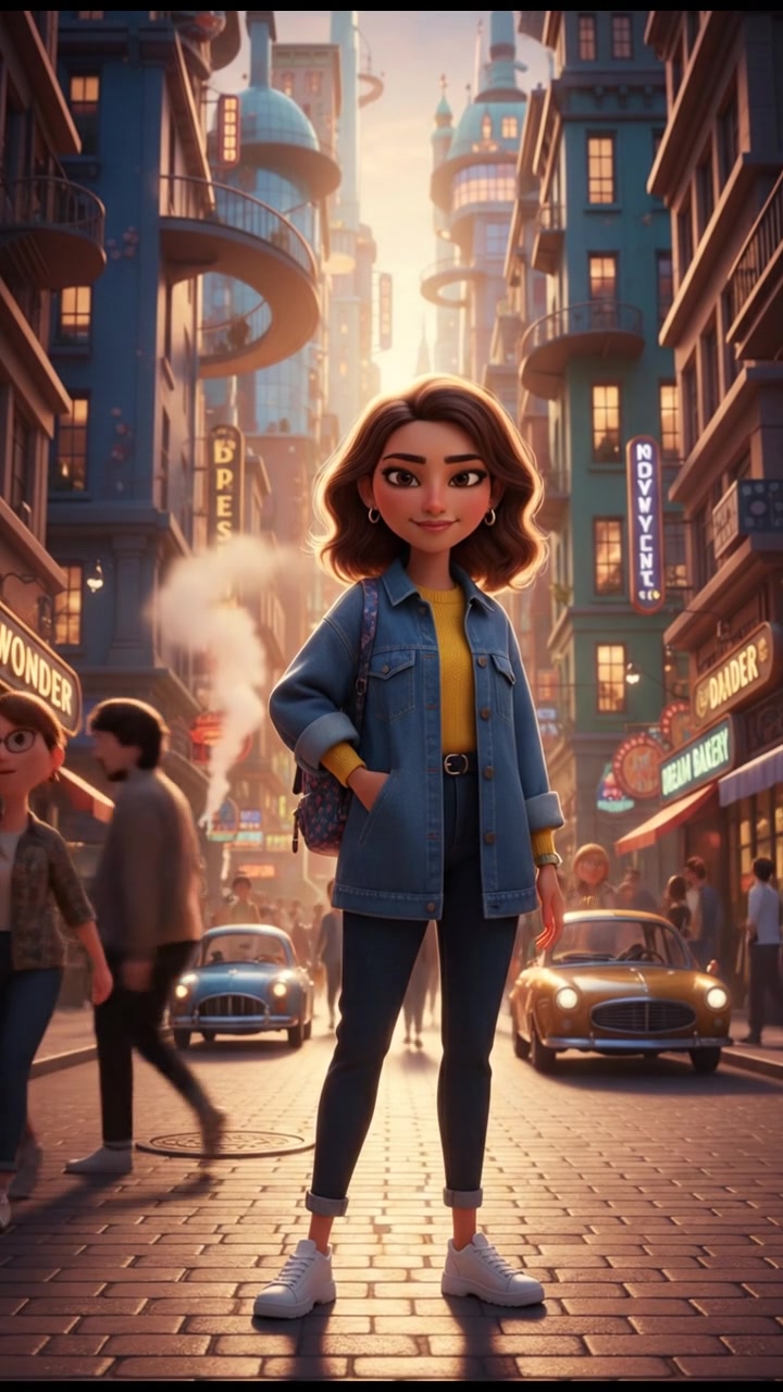 A bustling city street with people walking by, Laila standing apart, looking confidently ahead.