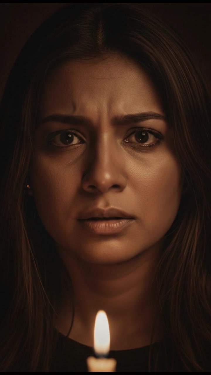 A close-up of Priya's worried face, illuminated by the light of a candle.