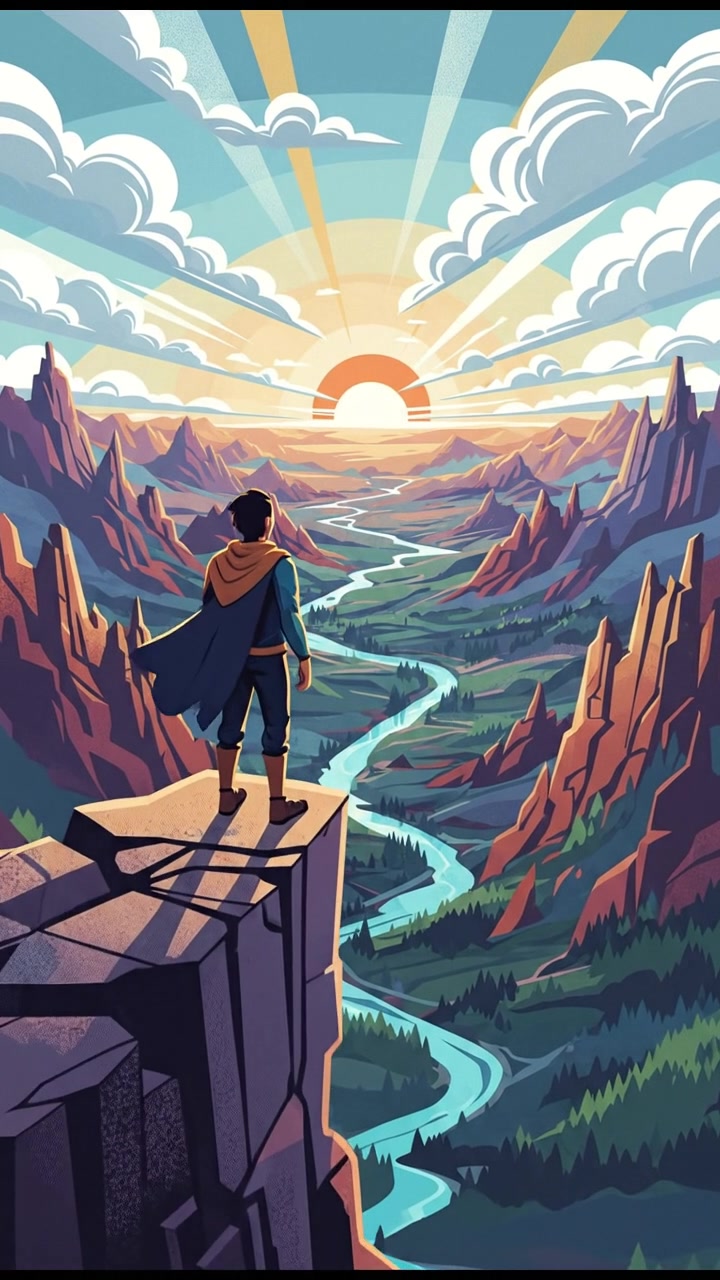 A person, standing at the edge of a cliff, looking out at a vast landscape.