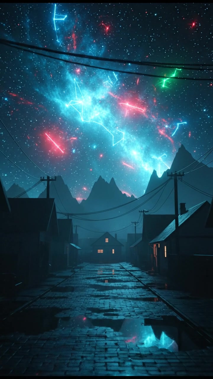 A scenic view of a starry night sky over a quiet village.