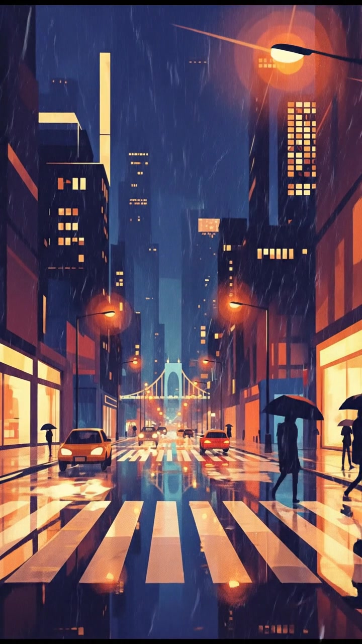 A rainy city street with glistening pavement reflecting streetlights.