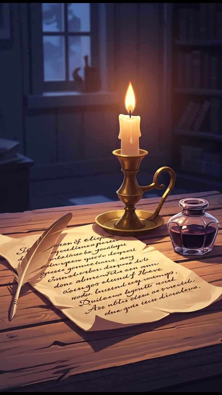 A historical document on a wooden desk with a quill pen and ink, candlelight illuminating the words.