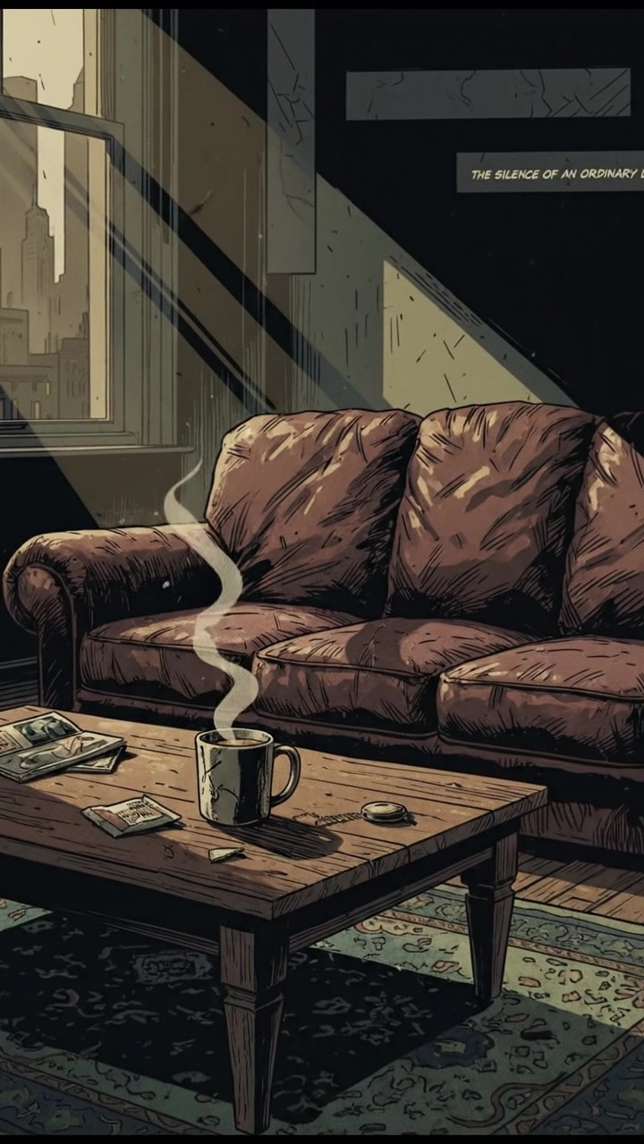 A cozy living room with a comfortable couch, a cup of coffee on a table, and sunlight streaming through a window.