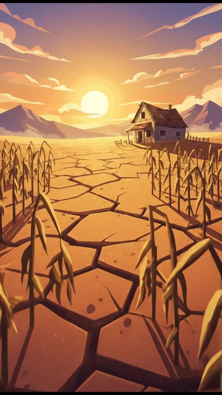 A dry, cracked farmland landscape under a harsh sun with wilted crops.