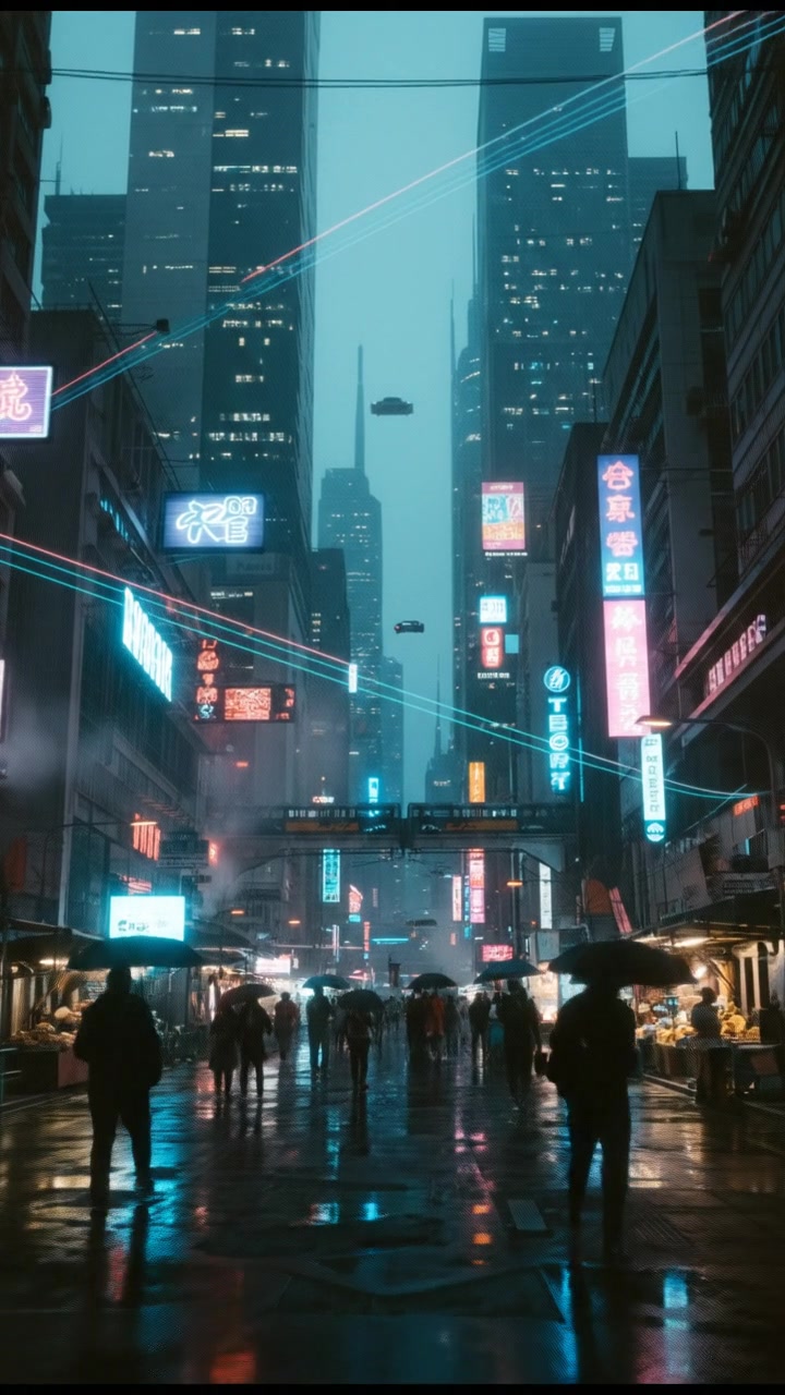 A bustling cyberpunk city street filled with neon signs and tall skyscrapers.