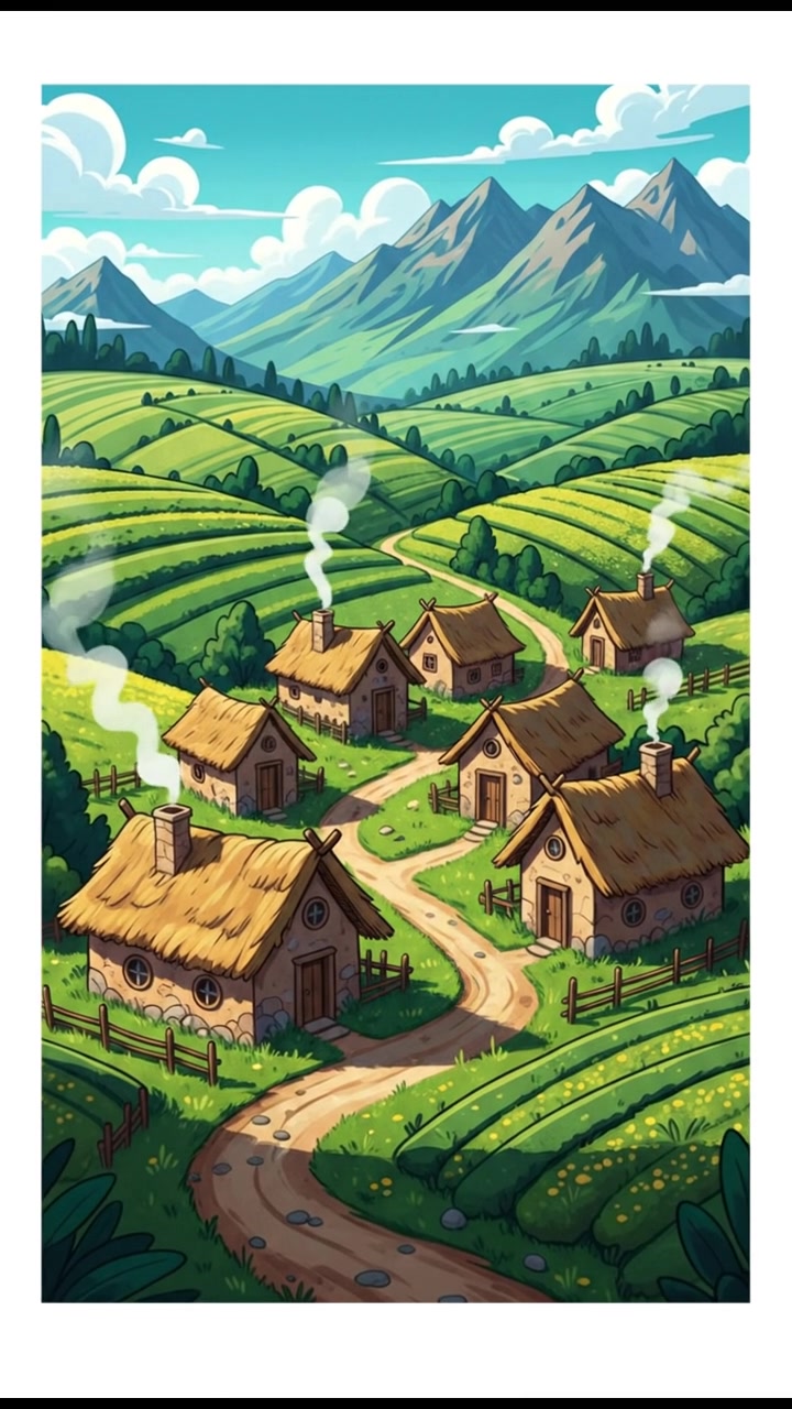 A small village with simple houses made of mud and thatch, surrounded by green fields.