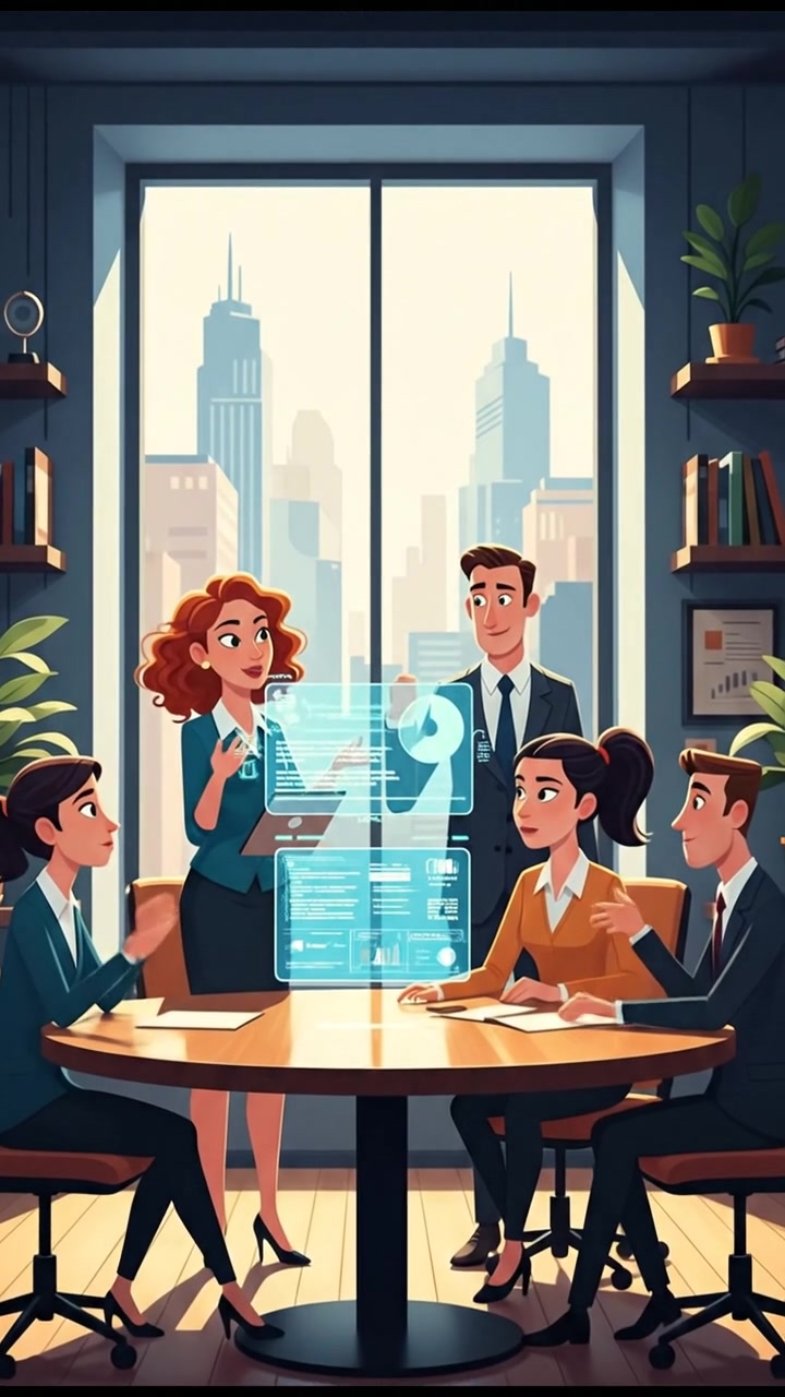 A group of people discussing investments around a table in an office.