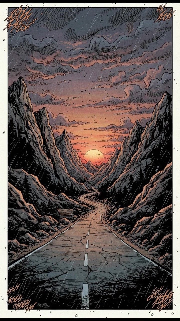 A serene landscape depicting a winding road leading into the horizon, surrounded by mountains and a sunset.