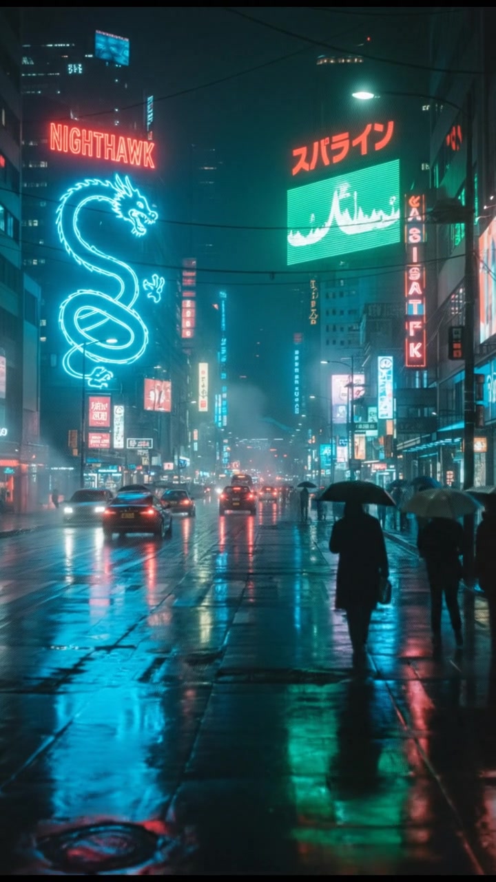 A busy neon city at night with bright billboards illuminating the wet streets.