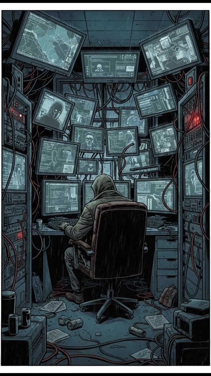 A dark room filled with screens displaying secret data and security feeds, conveying tension.