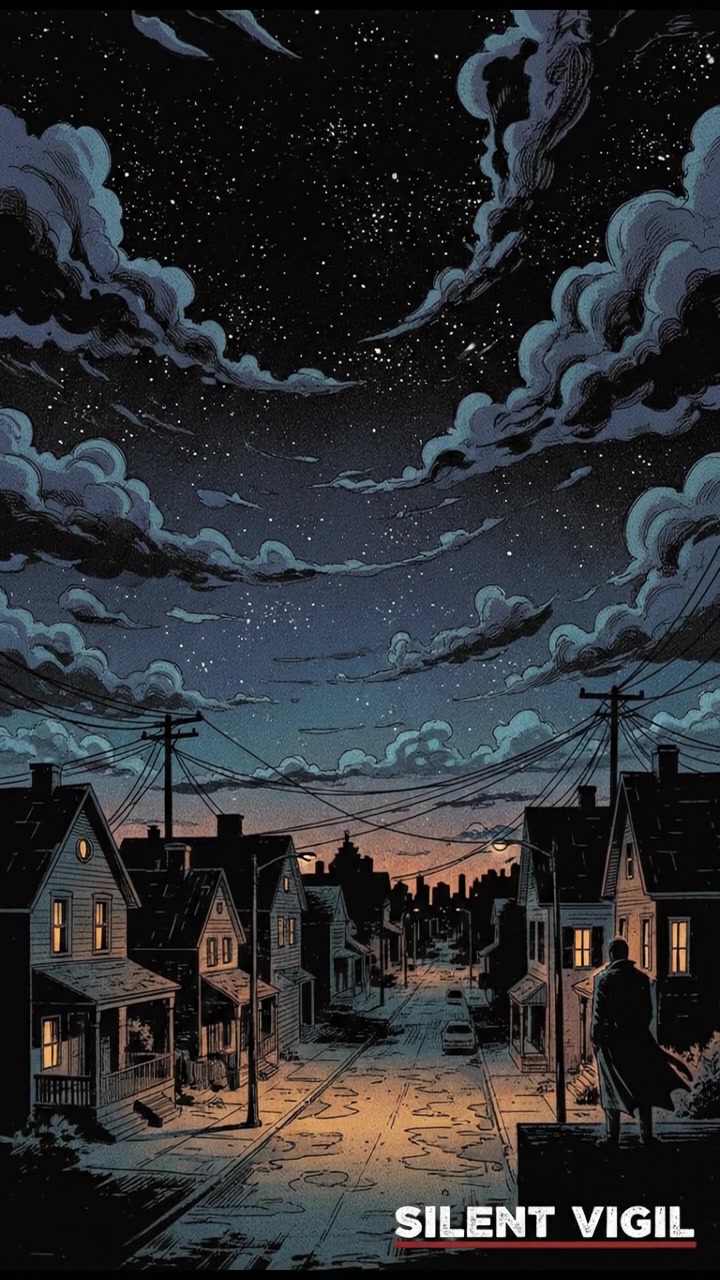 A dark night sky filled with stars over a quiet neighborhood.
