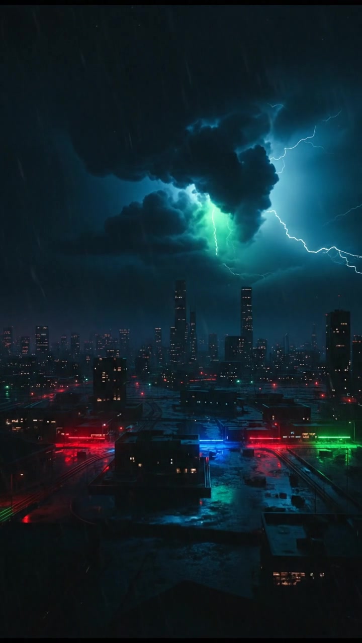 A dark and stormy sky with heavy clouds swirling above a quiet town.