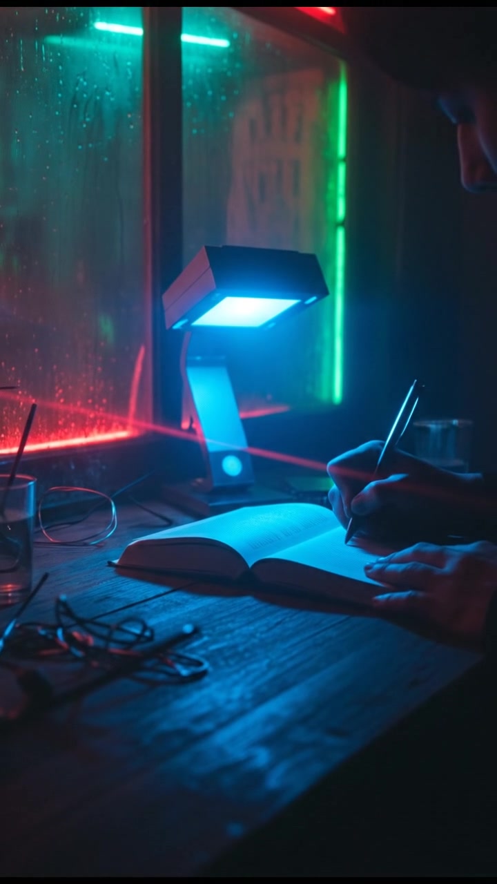 An open book lies on a wooden table with a cozy lamp illuminating the pages.