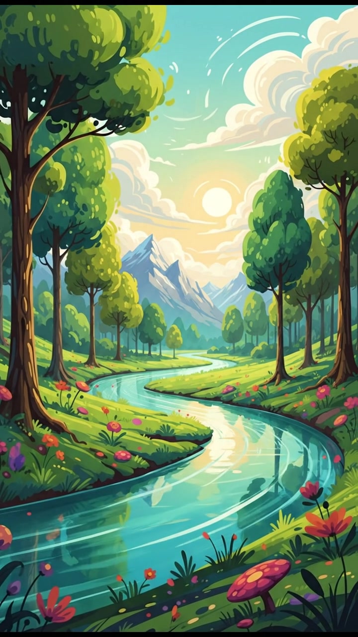 A lush green landscape with a wide river flowing through, surrounded by tall trees.