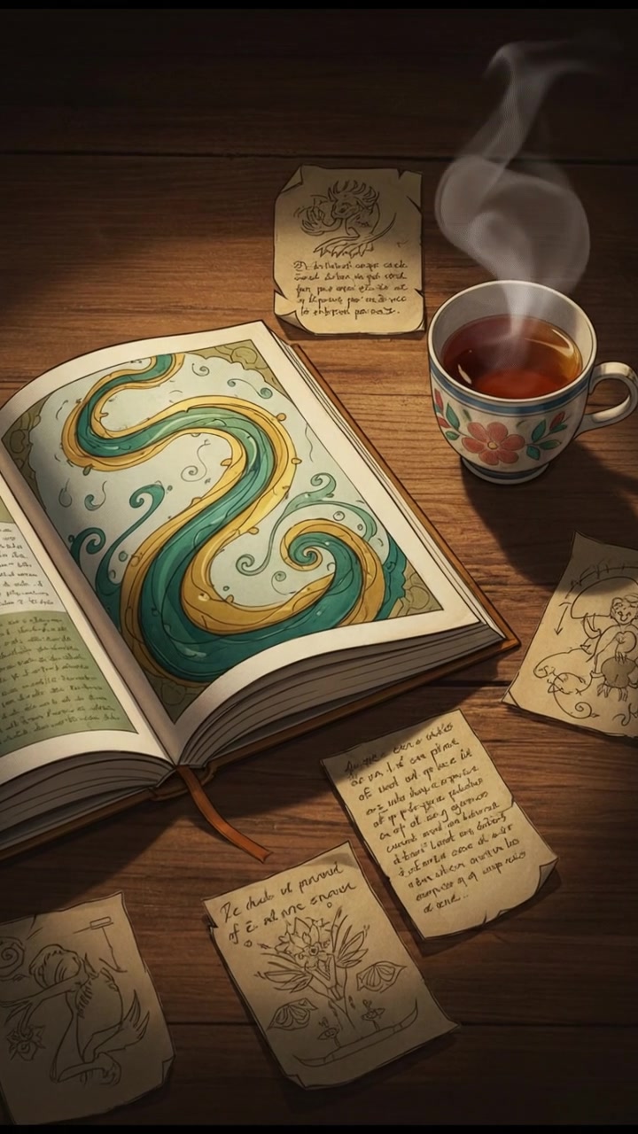 An open book resting on a wooden table, surrounded by scattered notes and a cup of tea.