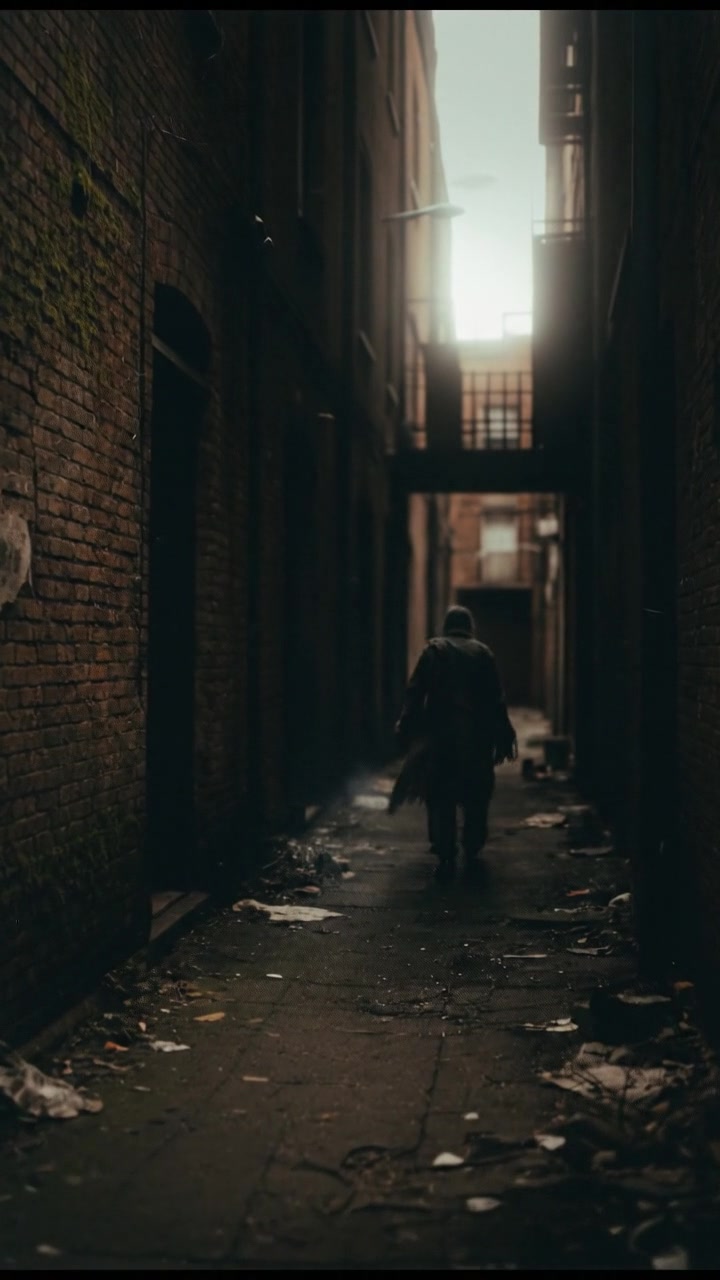 A dimly lit, mysterious alleyway, hinting at someone vanishing into the shadows.