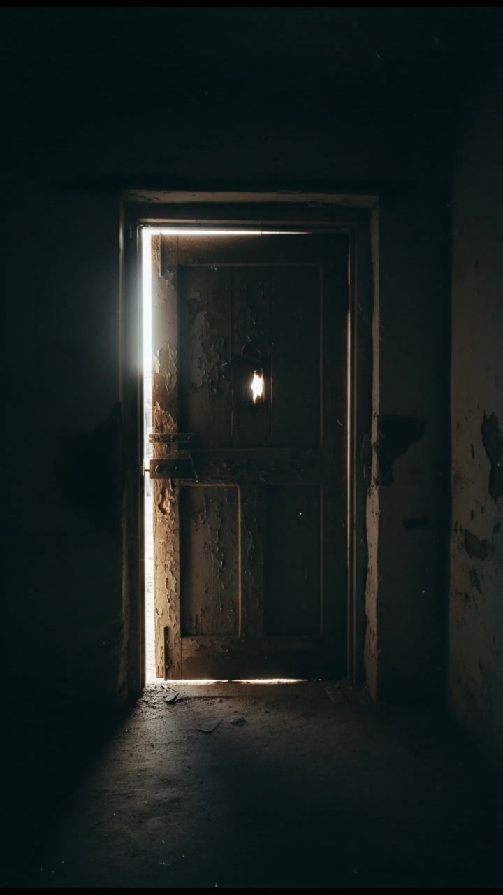 A dark room with a large wooden door slowly opening, revealing shadows inside.