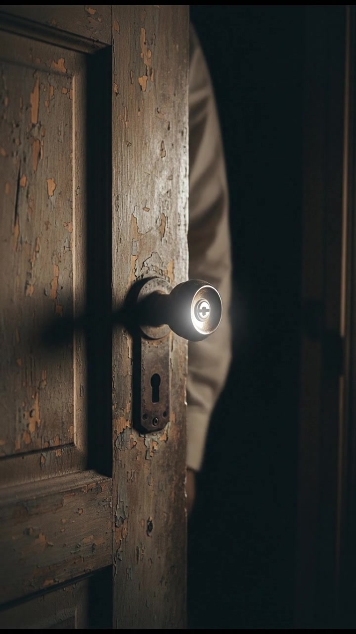 A close-up shot of the door slightly ajar, showing a hint of darkness beyond.