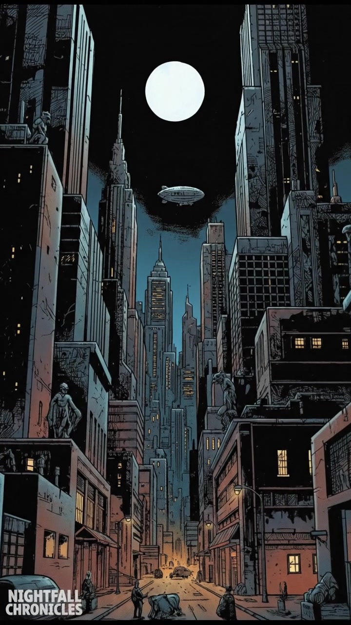 A city skyline at midnight with a bright full moon casting shadows.