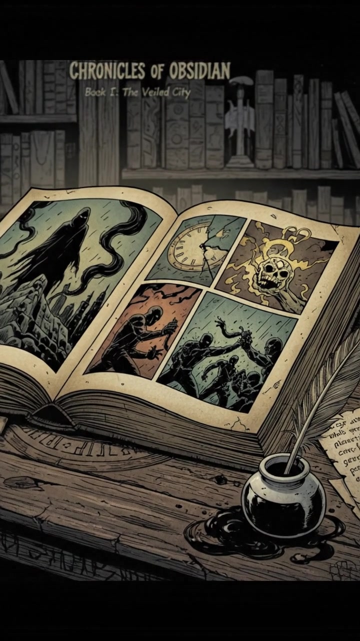 An open storybook laying on a wooden table with a pen and inkwell beside it.