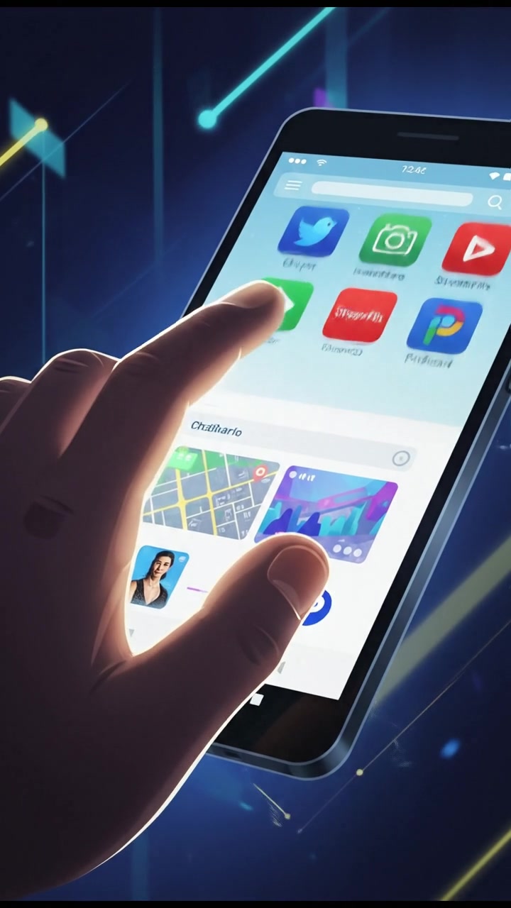 A close-up of a hand scrolling on a phone, with various apps visible on the screen.