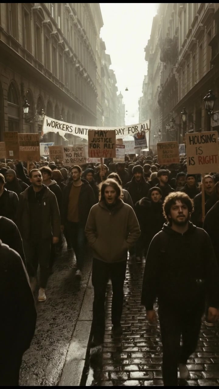 A crowded city street on May 1st filled with people holding various protest signs.