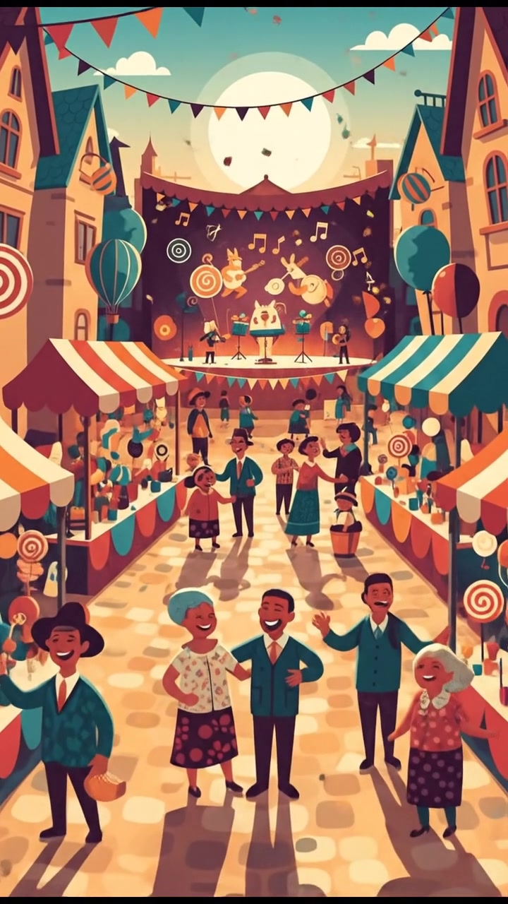 A lively street fair with colorful stalls, people mingling, and music playing.