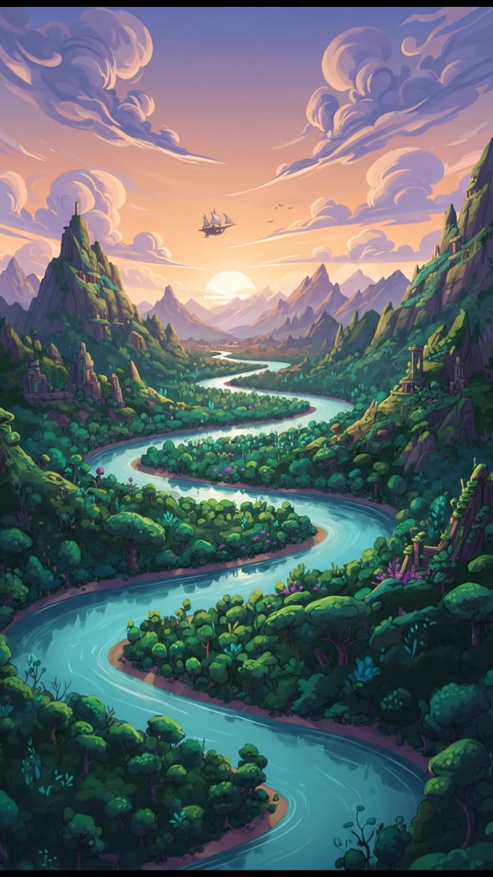 A lush landscape with a winding river surrounded by dense, green forests.