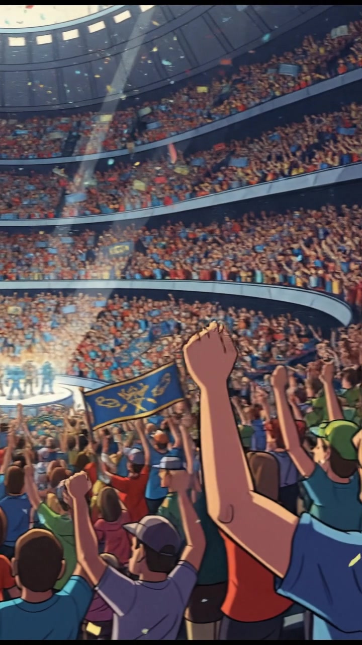 A crowded stadium with fans cheering wildly, banners waving in the air.