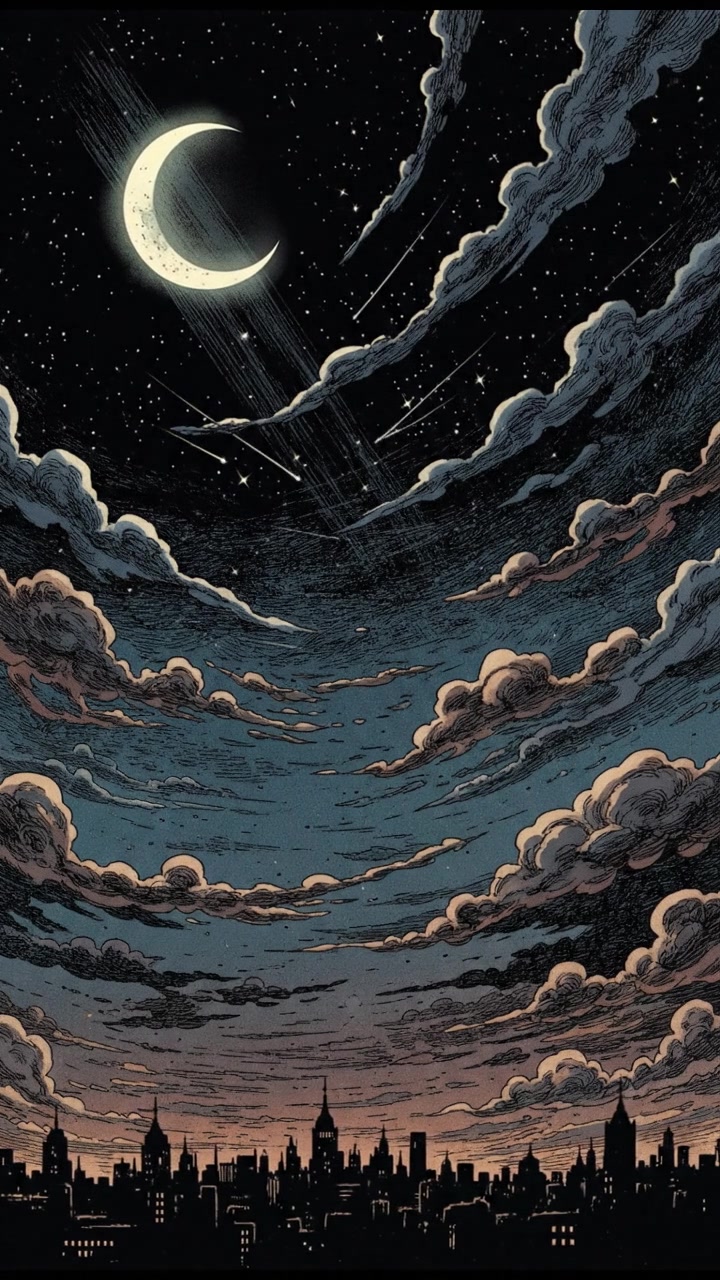 A darkened night sky filled with stars and a glowing crescent moon.