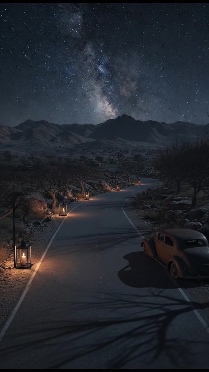 White Rabbit Jumping on a Narrow Road at Night