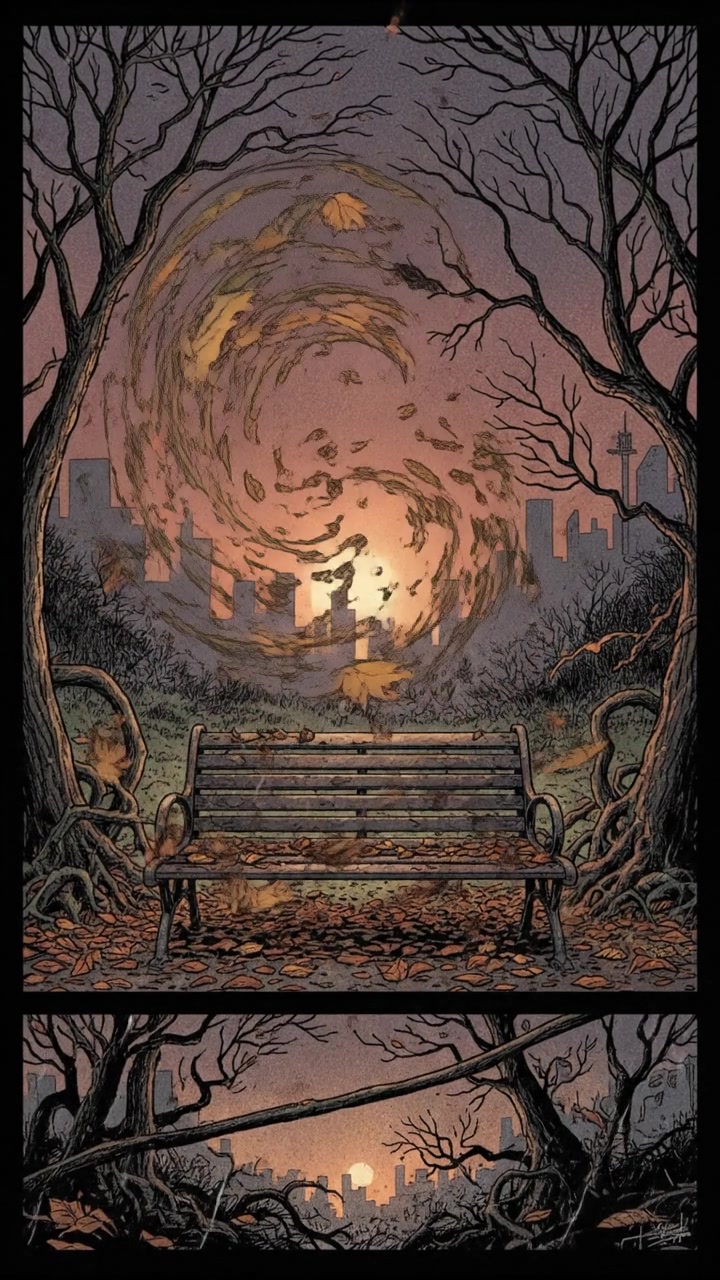 A sunset view in a park, with an empty bench surrounded by falling leaves.