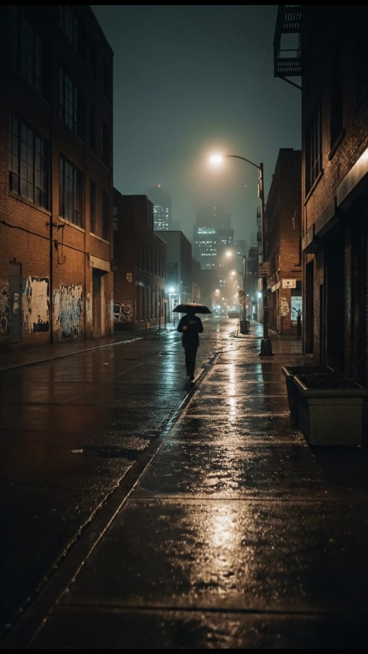 A city street at night, slick with rain, with a faint glow from streetlights reflecting on the pavement.
