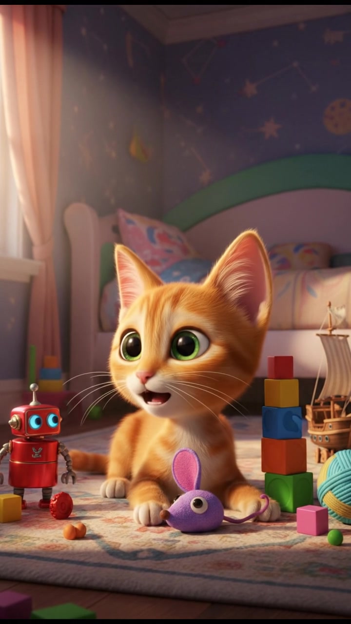 Whiskers is lying down, surrounded by toys, pondering thoughtfully with a toy mouse beside him.