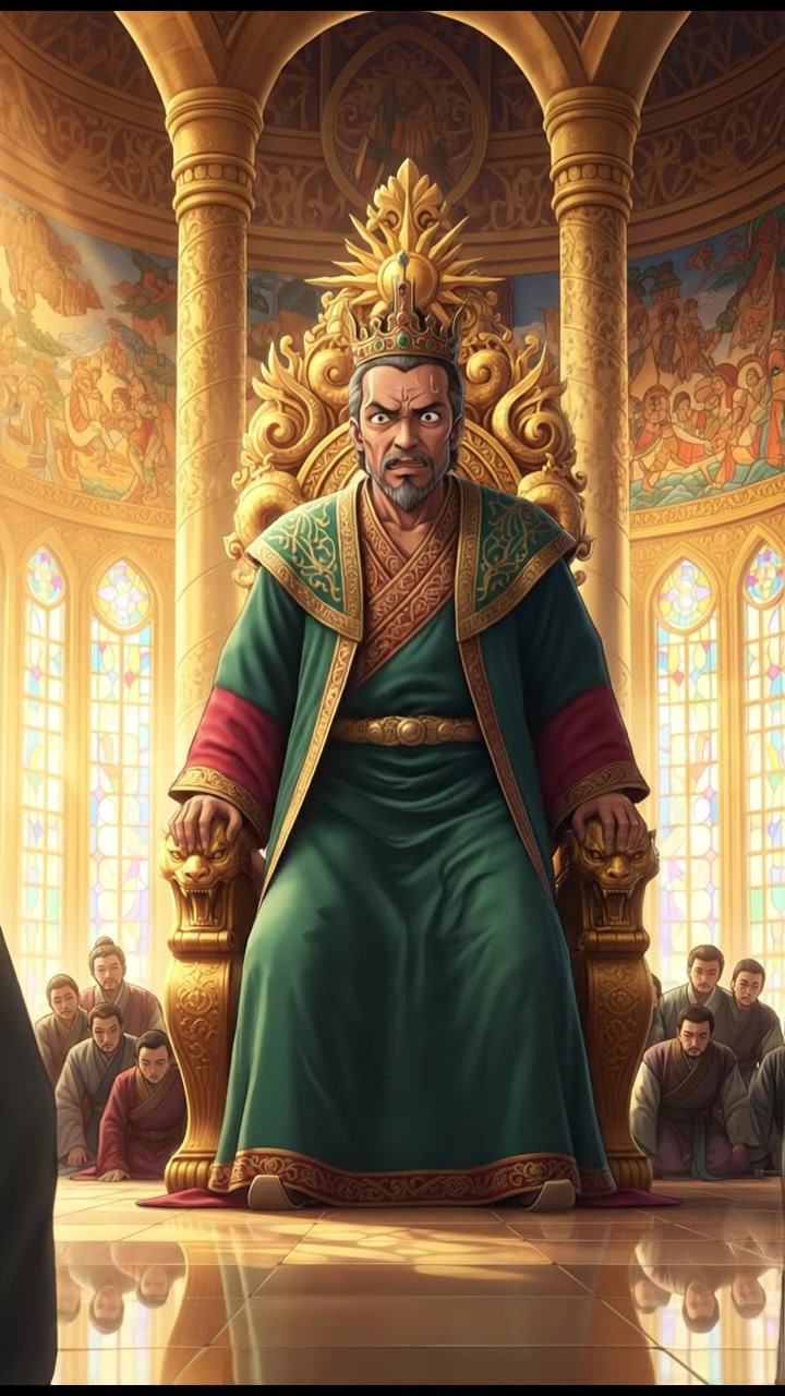 Raj seated on a grand throne in an ornate hall, surrounded by gold decorations, looking impatient.