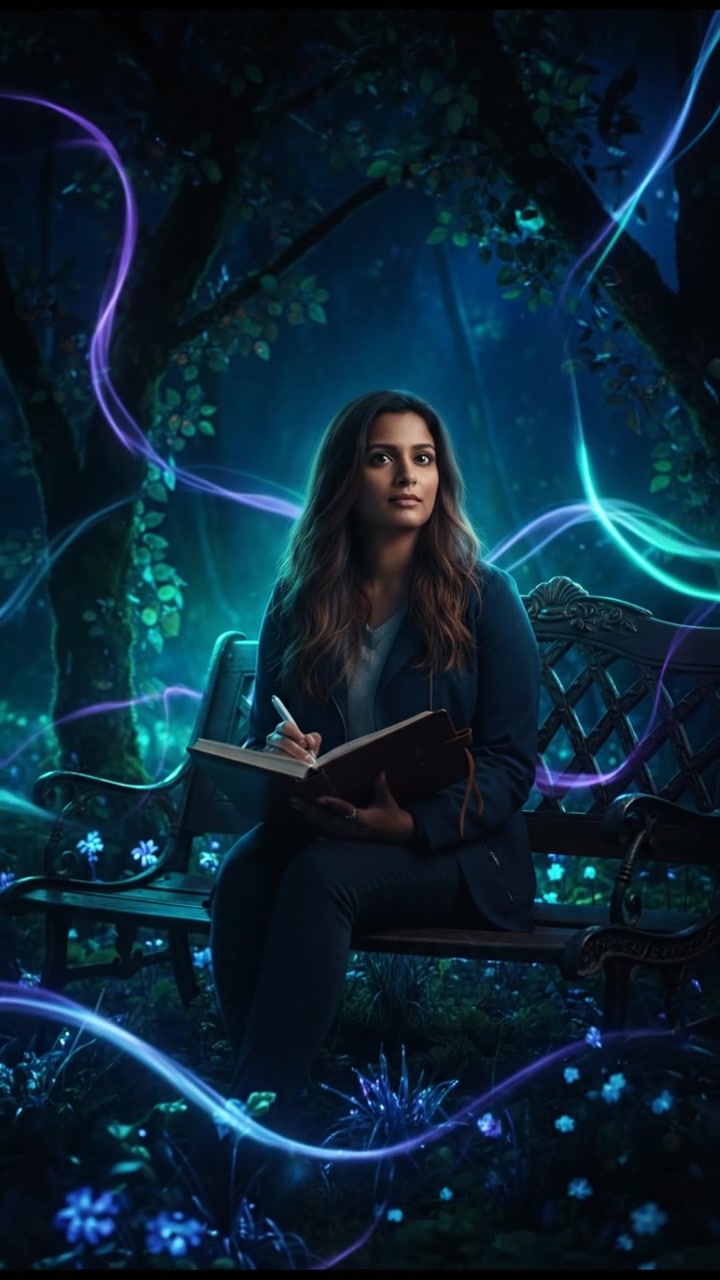 Priya sitting on a bench in a park, journaling with a thoughtful look, surrounded by nature.