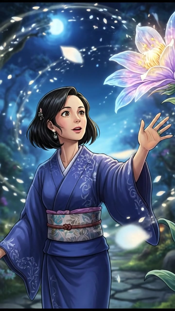 Li reaching out to the flower with awe, surrounded by shimmering petals floating in the air.