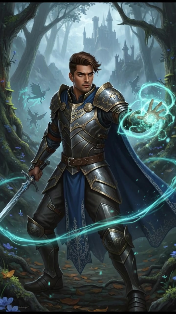 Arjun looking determined as he stands in the forest, surrounded by magical energy.