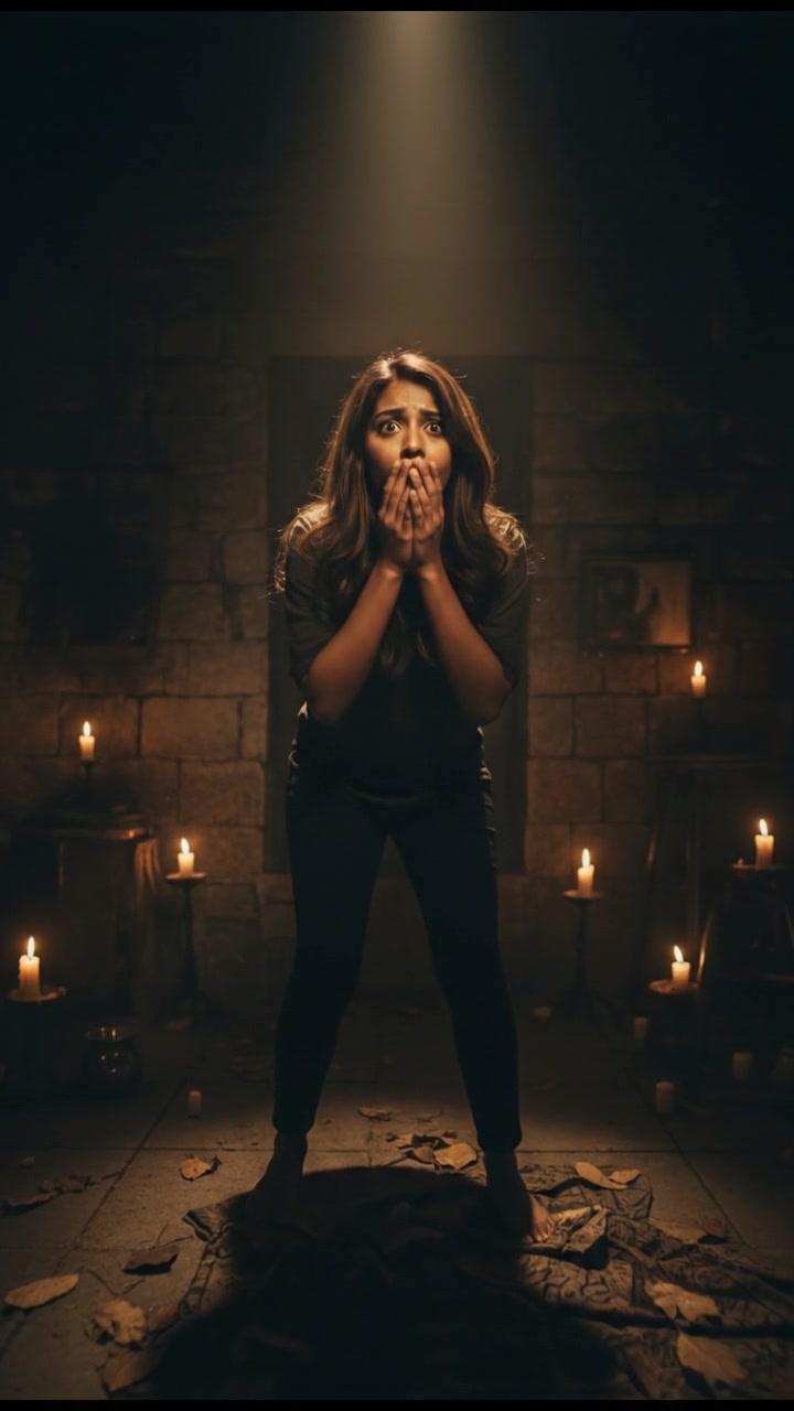 A dark room filled with shadows, the air thick with tension as Priya calls out in fear.