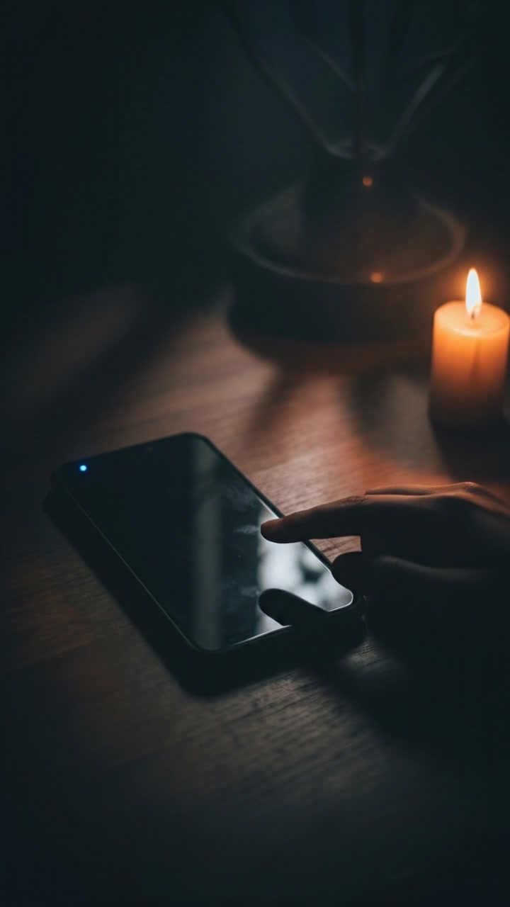 A close-up of Priya's phone vibrating on the desk with a notification light blinking.