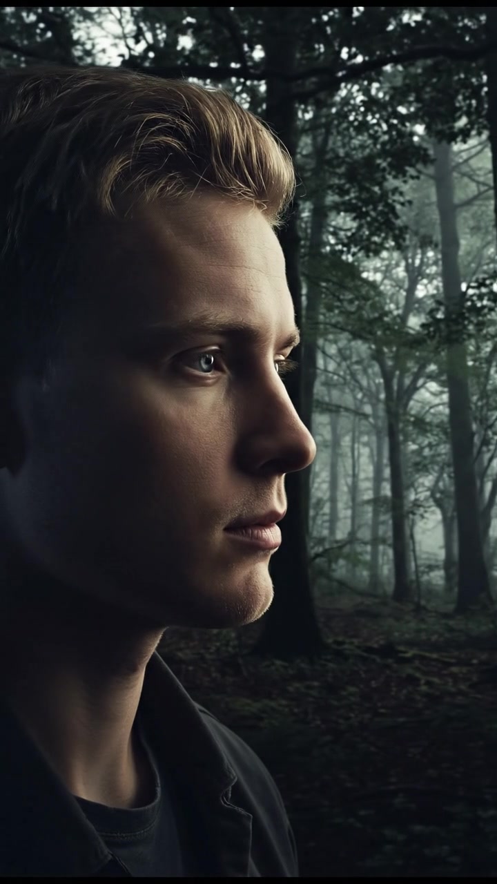 A close-up of Ryan's face as he reflects deeply, with a shadowy forest in the background.
