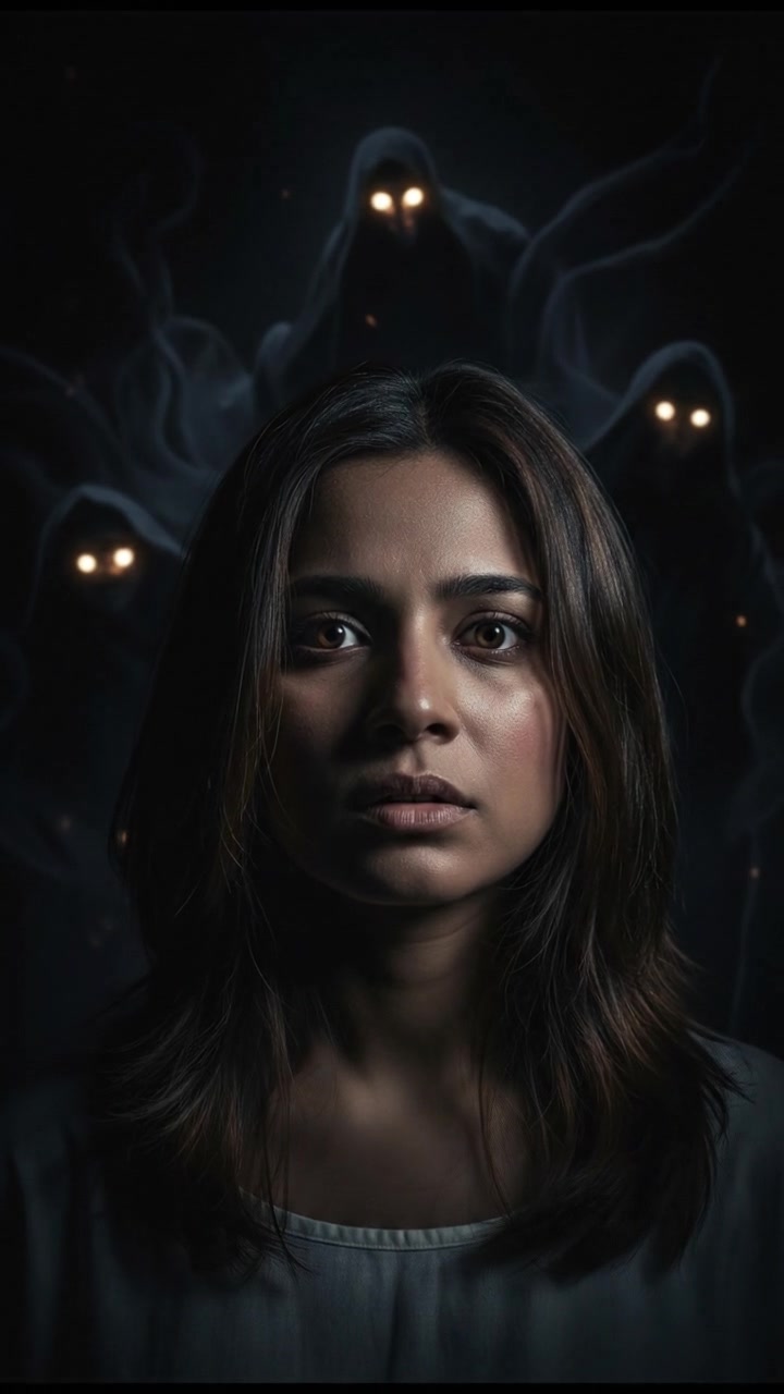 Close-up of Priya's startled face, illuminated by moonlight, as dark shadows loom around her.