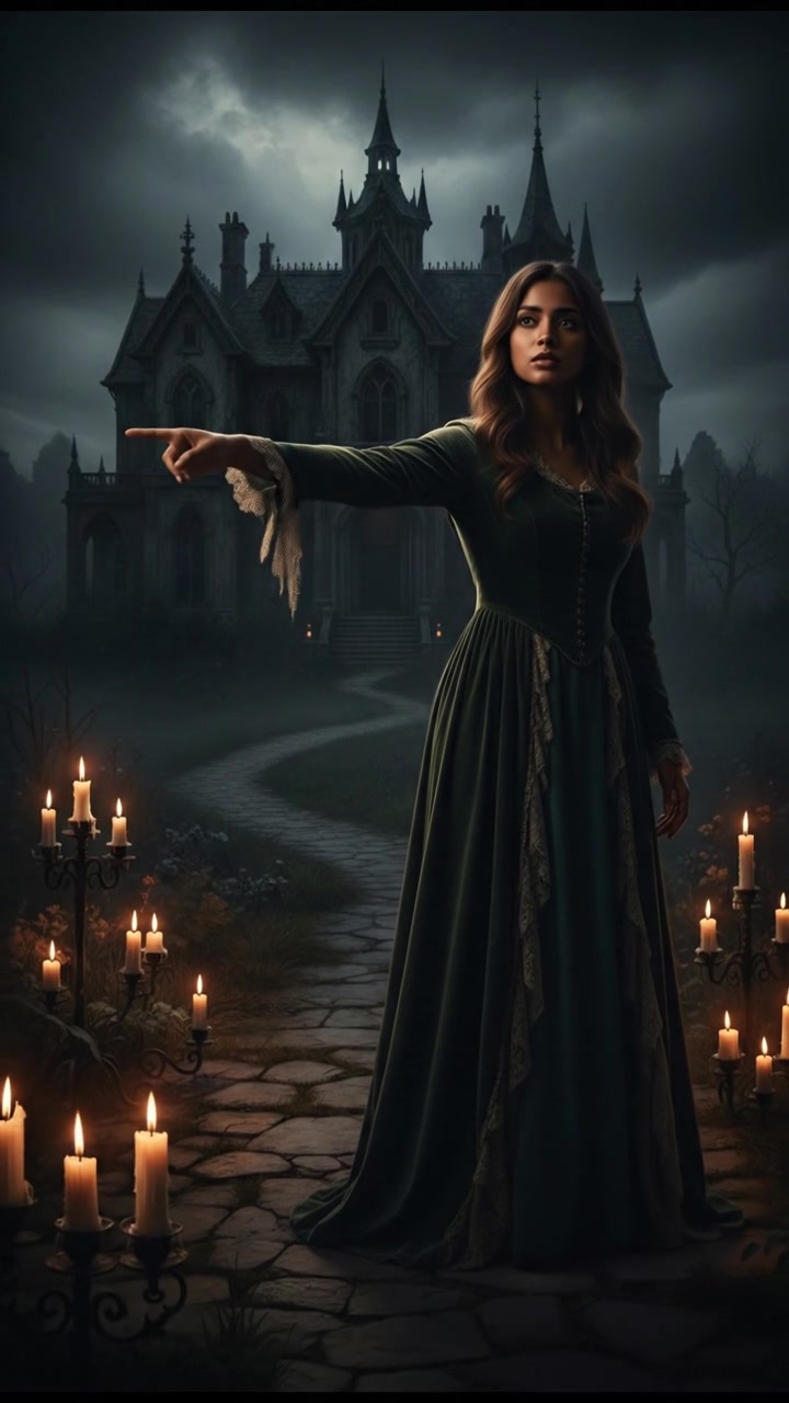 Priya with a determined expression, gesturing toward the path away from the mansion.