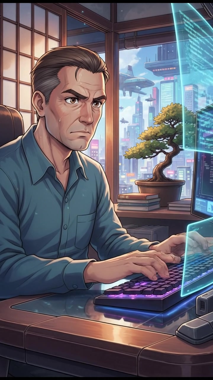 Omar, sitting at a desk, types rapidly on a keyboard with a serious look on his face.