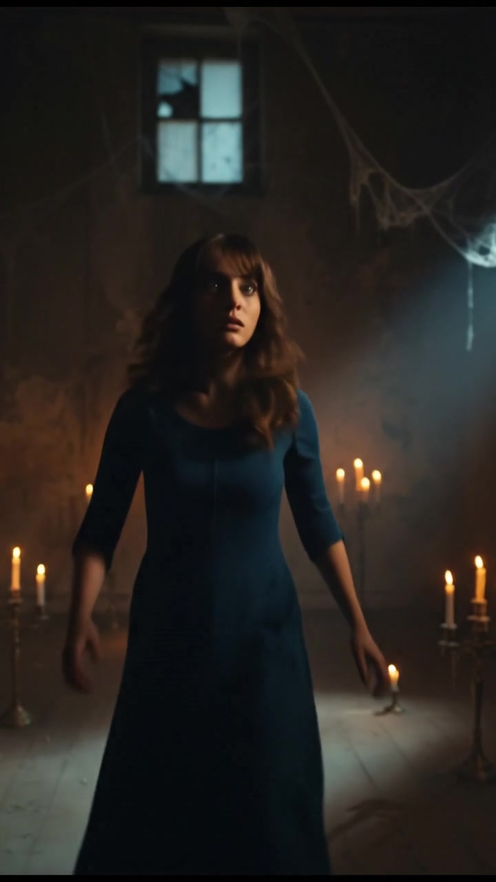 Radha standing tense, looking around the dark room, with shadows lurking in the corners.