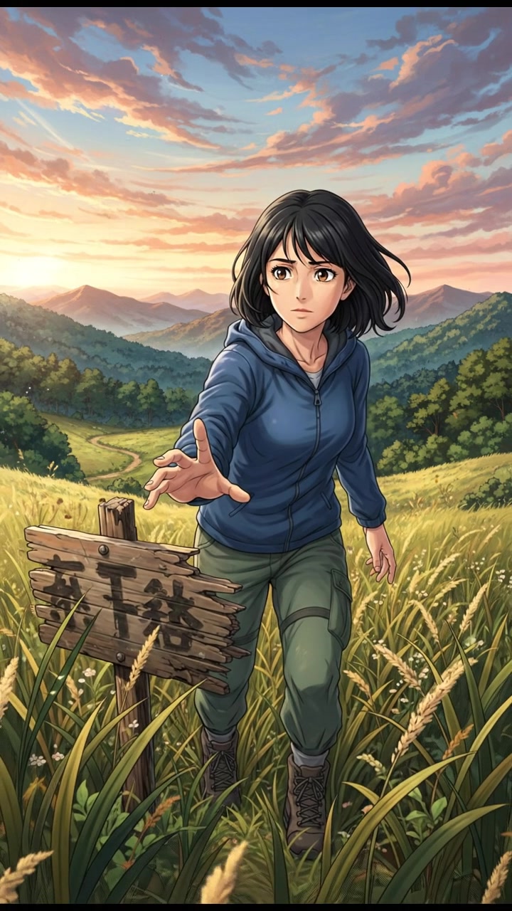 Li reaching out toward a broken sign partially hidden in tall grass.