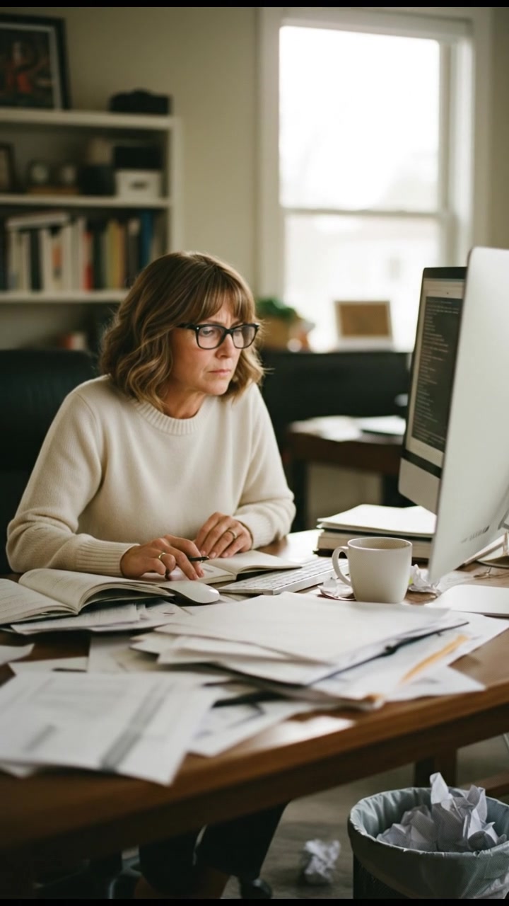Susan sitting at her desk, looking puzzled at a computer screen, papers scattered around.