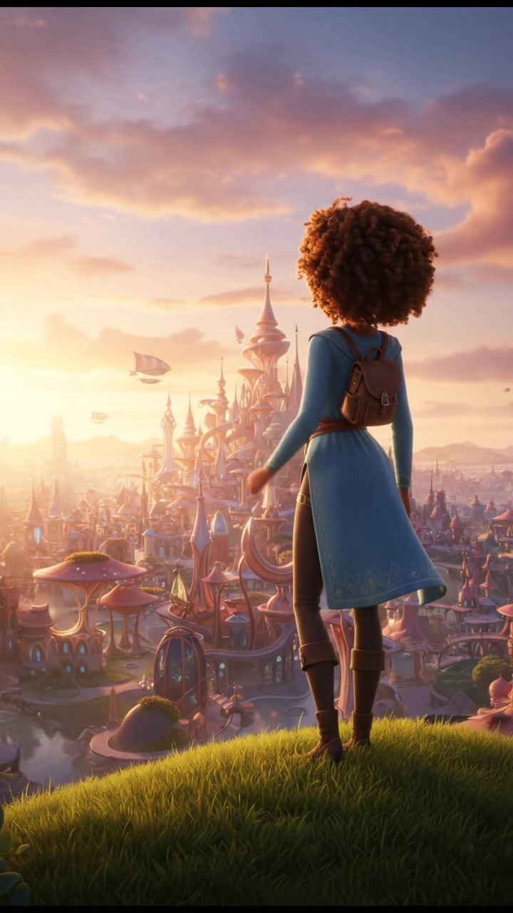 The Nia standing on a hilltop, looking out over a vast city skyline under a sunrise.